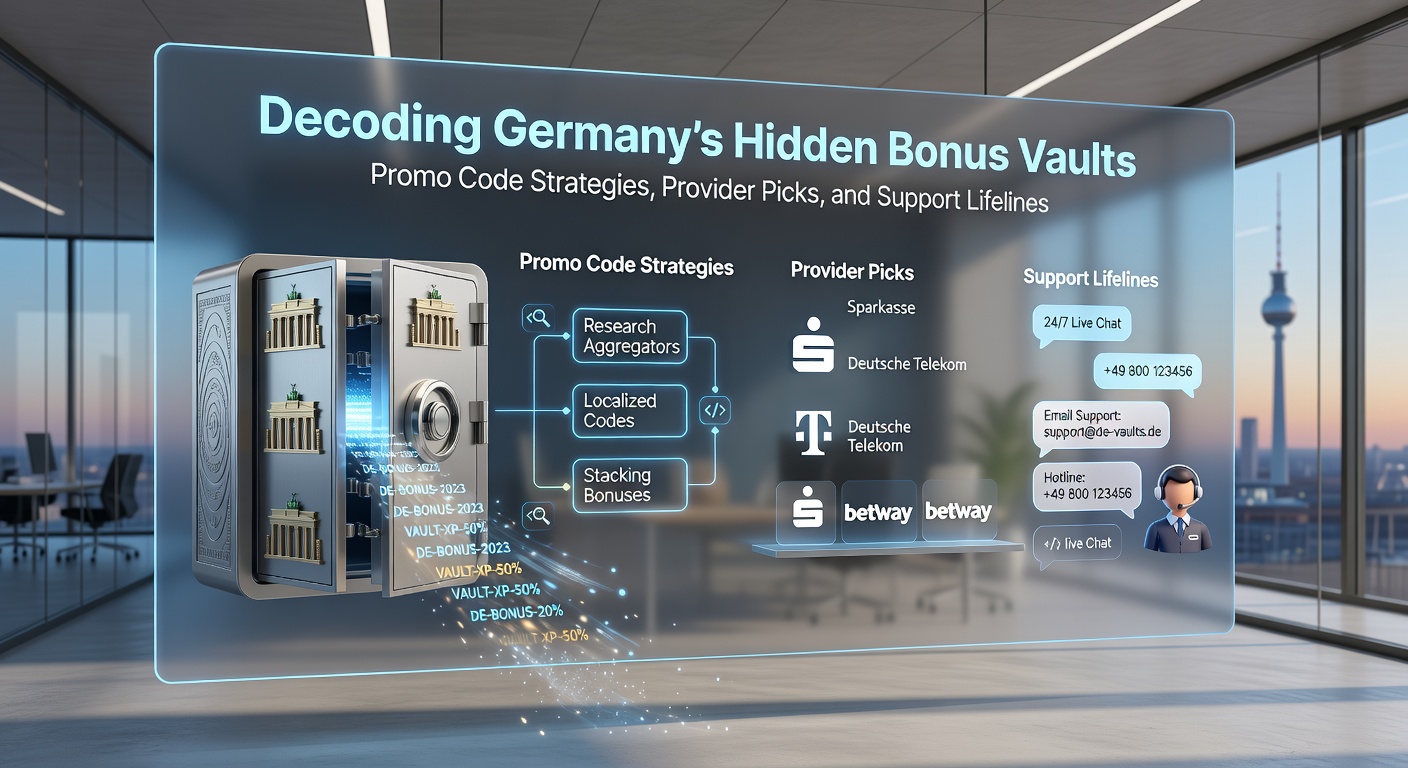 Grafik mit Logos führender deutscher Casino-Provider, Bonus-Symbolen und Slot-Maschinen, die Promo-Codes aktivieren